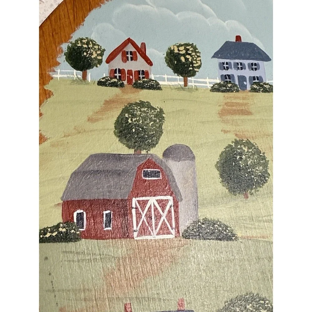 VTG Wood Hand Painted Bread Cutting Board Houses Farmhouse Grammacore Farm